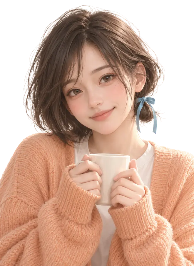 小绊：茶黑短发、耳后系着天蓝丝带，穿杏橘开衫，双手捧着杯子微笑